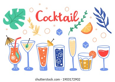 Cóctel tropical. Bebida alcohólica fría exótica dibujada a mano sobre fondo de hojas de palma, decoración de bebidas de bar de estilo mínimo, ilustración vectorial de moda doodle aislado sobre fondo blanco