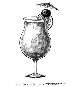 Tropical cocktail summer vintage vector sketch illustration.