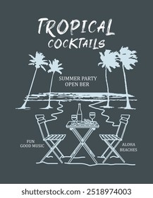 Camiseta de cóctel tropical.  Vector de cartel retro de cócteles, diseño de cartel de fiesta. Bebidas, verano Cocktalsi Club Antiguas Diseño de camiseta de cóctel de verano, Cócteles Vector de póster retro, Diseño de póster de fiesta