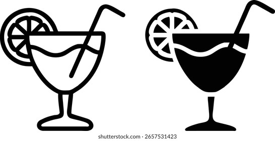 Tropical Cocktail Vector Icon – Black and White Drink Glass Silhouette with Lemon Slice