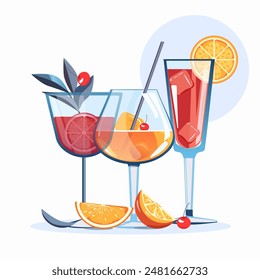 Tropical cocktail vector illustration. A glass of alcoholic cocktails on a white background, next to pieces of citrus fruit. Summer Cocktail vector design element