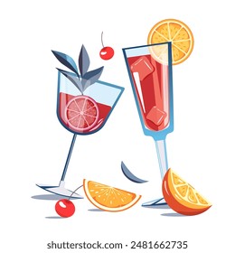 Tropical cocktail vector illustration. A glass of alcoholic cocktails on a white background, next to pieces of citrus fruit. Summer Cocktail vector design element