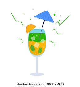 Tropical cocktails. Alcoholic summer drinks in glasses, mojito, vodka, sambuca, martini, juices,  Holiday concept for party invitation, bar menu. Vector illustration