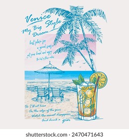 Tropische Cocktails Kalligraphie-Slogan mit Cocktailglas am Strand handgezeichnete Vektorillustration.Party Plakatdesign,Drinks,Cocktails, Set von Vektorillustrationen,Typografie,Klassische Bleistiftzeichnung