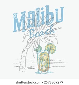 Tropical cocktails calligraphy slogan with cocktail glass on the beach hand-drawn vector illustration.Party poster design,Drinks,Cocktails, Set of vector illustrations,Typography,Vintage pencil sketch