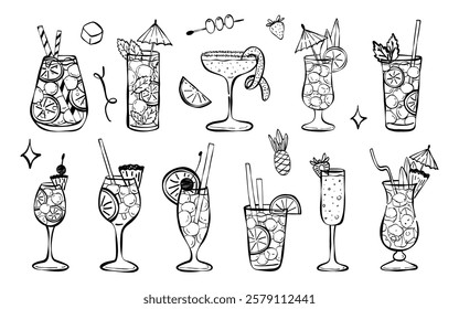 Tropical cocktails crayon minimalist drawings. Modern simple drinks collection . Paloma, Long Island, Blue lagoon, Aperol spritz. ector illustration for bars, cafes, and restaurants.