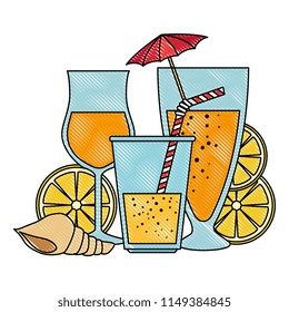 tropical cocktails cups with oranges and shell