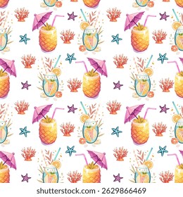 Tropical Cocktails and Fruits Seamless Summer Pattern. Pineapple Drink and Beach Accessories Vector