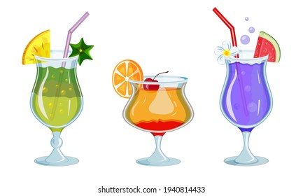 Tropical cocktails in glass goblets with drinking straws. Bright festive alcoholic drinks decorated with fruits, watermelon, pineapple and cherry. Vector illustration of cold summer lemonade.