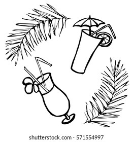 Tropical cocktails in glass, two types, with umbrella, flower and straw poll. Vector illustration isolated on white