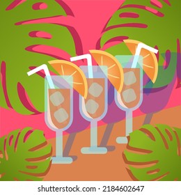 Tropical cocktails. Glasses with cocktails. Cocktails with orange slices. Colorful summer vector illustration. Summer drinks with ice cubes and juice straw. Big monstera leaves. Exotic beverage. 