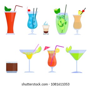 Tropical cocktails, juice, drink glass set isolated on white background. Alcoholic cocktails Bloody Mary, Mojito, Pina Colada, Margarita and etc. Vector illustration in flat style