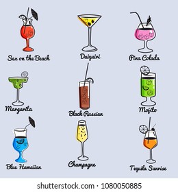 Tropical cocktails, juice, wine and champagne glass set. Vector doodle illustration. Various isolated cocktail glass with beverages. Cartoon style