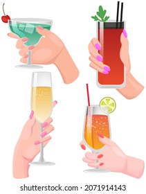 Tropical cocktails, juice, wine and champagne glass set. Woman hands holding champagne, bloody mary, martini and lemonade. Alcoholic cocktails, tropical drinks, beverage from bar with decoration