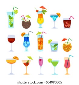 Tropical cocktails, juice, wine and champagne glass set. Vector hand drawn doodle illustration. Various isolated cocktail glass with beverages