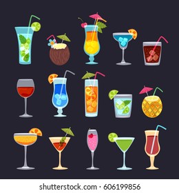 Tropical cocktails, juice, wine and champagne glass set on black background. Vector hand drawn doodle illustration. Various isolated cocktail glass with beverages.