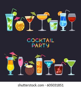 Tropical cocktails, juice, wine glass on black background. Vector hand drawn illustration. Various cocktail glass with beverages. Design for summer beach party invitation, bar menu of alcohol drinks.