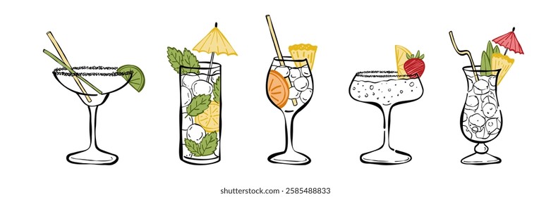 Tropical cocktails minimalist drawings. Modern simple drinks collection