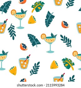 Tropical cocktails seamless pattern. Citrus, palm leaves, margarita. Summer fun hand drawn background. Great for decoration flyers, banners, wallpapers, print products. Vector cartoon illustration.