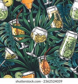 Tropical cocktails seamless pattern colorful with glassfuls with mojito and martini or fruit alcoholic lemonade among palm leaves vector illustration