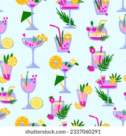 Cócteles tropicales sin fisuras. Bebidas en el fondo de la luz. Licor dibujado a mano con pajita, frutas, bayas, hojas, especias. Bebida, refresco, jugo con gafas. Ilustración de vacaciones de verano de vectores