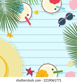 Tropical cocktails and seashells on a wooden table. Tropical Frame.Top view. 