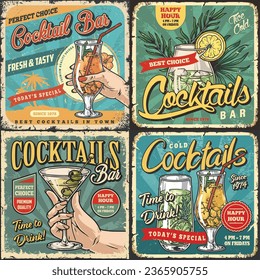 Tropical cocktails set flyers colorful with refreshing alcoholic drinks with fruits and ice for beach bar advertising vector illustration