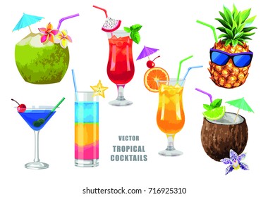 Tropical cocktails set for summer beach party.Vector design isolated elements on the white background.