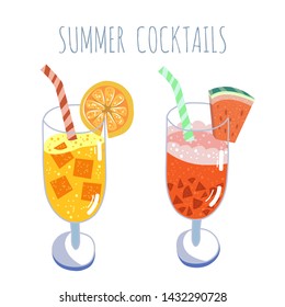 Tropical cocktails set, summer drinks, vector hand drawn illustration. Isolated cocktail glass with beverages. Trendy flat design