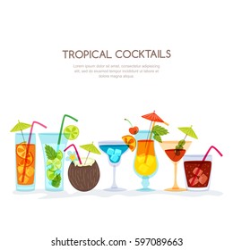 Tropical cocktails set, vector hand drawn illustration. Various isolated cocktail glass with beverages. Trendy flat design for summer beach party invitation, bar menu of alcohol drinks.