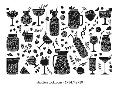 Tropical cocktails, summer juice black glyph set. Strawberry Lemonade and Tea, Mojito and Orange fresh Smoothie menu. Glass drinks fruits. Flat design trendy vector illustration 