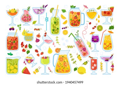 Tropical cocktails, summer juice cartoon set. Strawberry Lemonade and Tea, Mojito, Watermelon and Orange fresh Smoothie menu. Glass drinks, hand drawn flat design menu. Trendy vector illustration