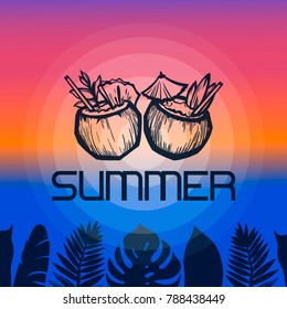 Tropical cocktails for two. Exotic drinks in coconut with pineapple. Hand drawn. Vector illustration.