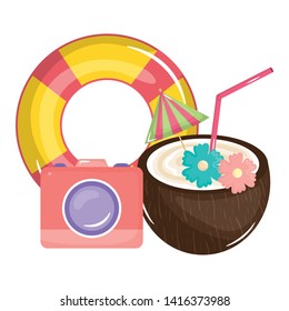 tropical coconut cocktail with float and camera