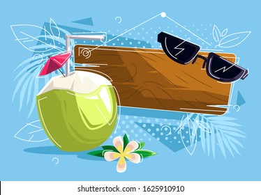 tropical coconut cocktail with straw and decorative umbrella, wooden Board with sunglasses in the background