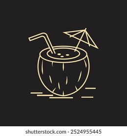 A tropical coconut drink featuring a fun umbrella, isolated on black straw vector illustration