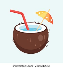Tropical coconut drink illustration with straw and umbrella representing summer refreshment vacation hospitality and exotic beverage concepts suitable for menus travel promotions and food branding