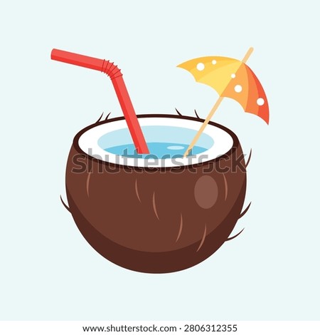 Tropical coconut drink illustration with straw and umbrella representing summer refreshment vacation hospitality and exotic beverage concepts suitable for menus travel promotions and food branding