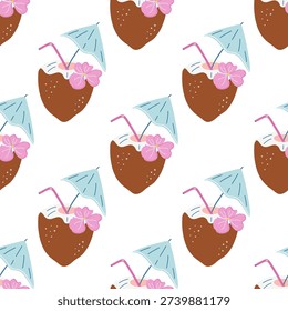 Tropical coconut drink seamless pattern. Sweet Summer cocktail decorated with straw, flower, umbrella. 