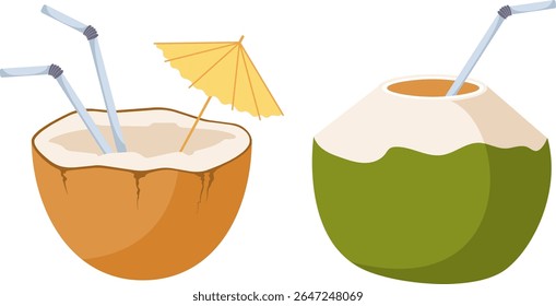 Tropical coconut drink with straw and umbrella. Summer coconut cocktail vector concept. Cold and refreshing drink for hot weather. Hand drawn vector simple illustration.