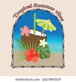 Tropical coconut drink at sunset on ocean waves, vacation cocktail, beach paradise, summer refreshment, exotic tropical drink, peaceful sea view, golden hour relaxation, nature.