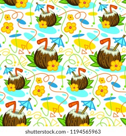 Tropical coconut drink vector seamless pattern, swatch included