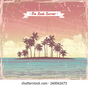 Tropical coconut island in the sea on a sunset cloudy sky. Vector grange holiday card.