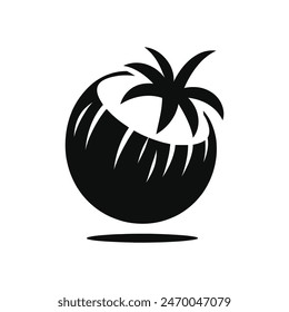 Tropical Coconut with Leaves - Black and White Vector Art"