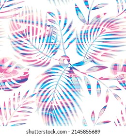 tropical coconut leaves seamless pattern with colorful abstract plants foliage on white background. natural pattern background. Exotic tropics. Summer design. shirt prints texture. nature decorative