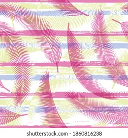 Tropical coconut palm leaves tree branches overlaying stripes vector seamless pattern. Caribbean forest foliage beach fashion fabric print. Stripes and tropical leaves illustration.