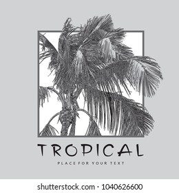 Tropical Coconut palm tree with leaves close-up.
Monochrome realistic vector illustration. Pattern, design element for summer holiday, travel and vacation concept.