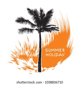 Tropical coconut palm tree and orange wave. 
Abstract black silhouette isolated on white background. Vector illustration. Template for summer holiday, travel and vacation concept.