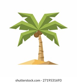 Ilustración vectorial de palmera de coco tropical en la arena de la isla, Símbolo de Naturaleza exótica de la playa del verano, diseño plano mínimo con las hojas verdes y el tronco marrón para las vacaciones, Festiva, y concepto del viaje.