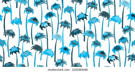 Tropical coconut palm trees on white seamless pattern. Summer exotic background design for cosmetics, spa, textile, hawaiian style shirt. Perfect as wrapping paper, wallpaper. Vector illustration